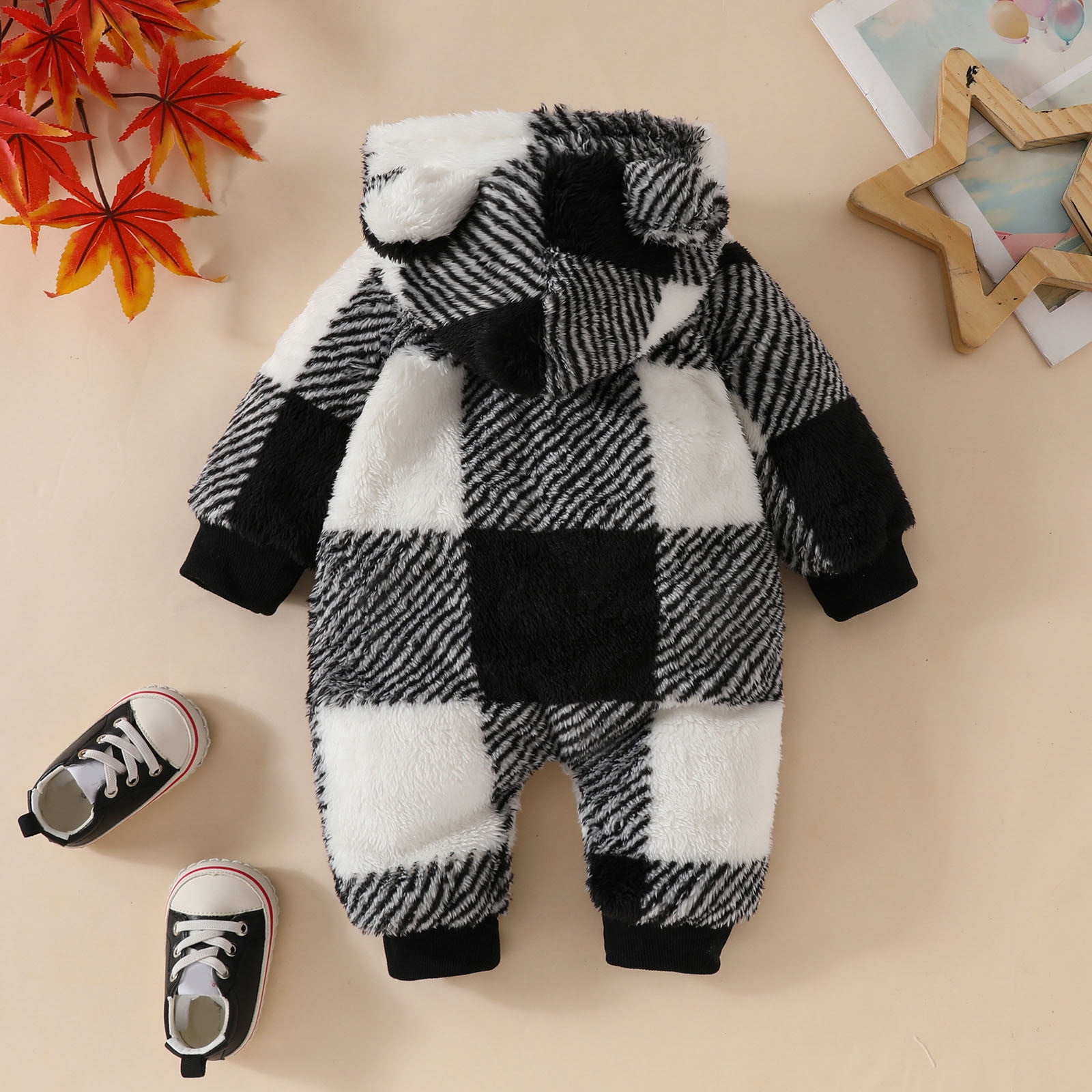 XDZJLR Baby Girls Boys Jumpsuits Boys Girls Long Sleeve Plaid Hooded Romper Homewear Sleepwear Pjs Black 3-6 Months