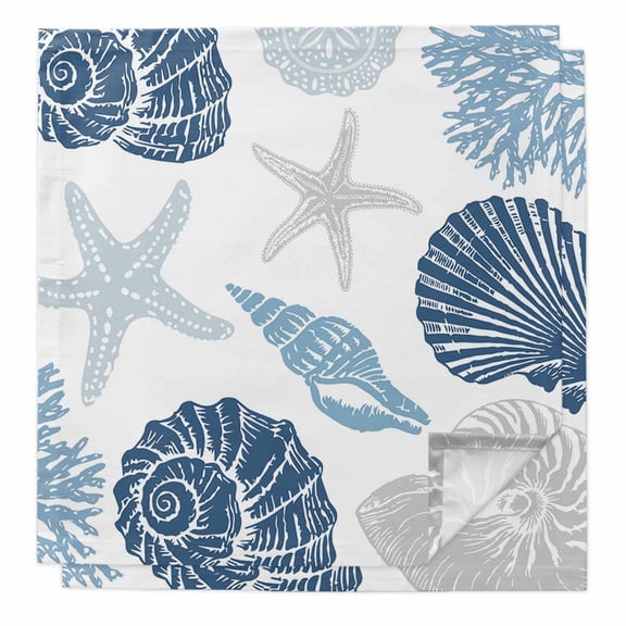 Blue Grey Coastal Cloth Napkins, Nautical Shell Starfish Coral Summer Beach Washable and Reusable Dinner Napkins Set of 2, Table Napkin for Kitchen Party Birthday Wedding Hotel Housewarming 20"x20"