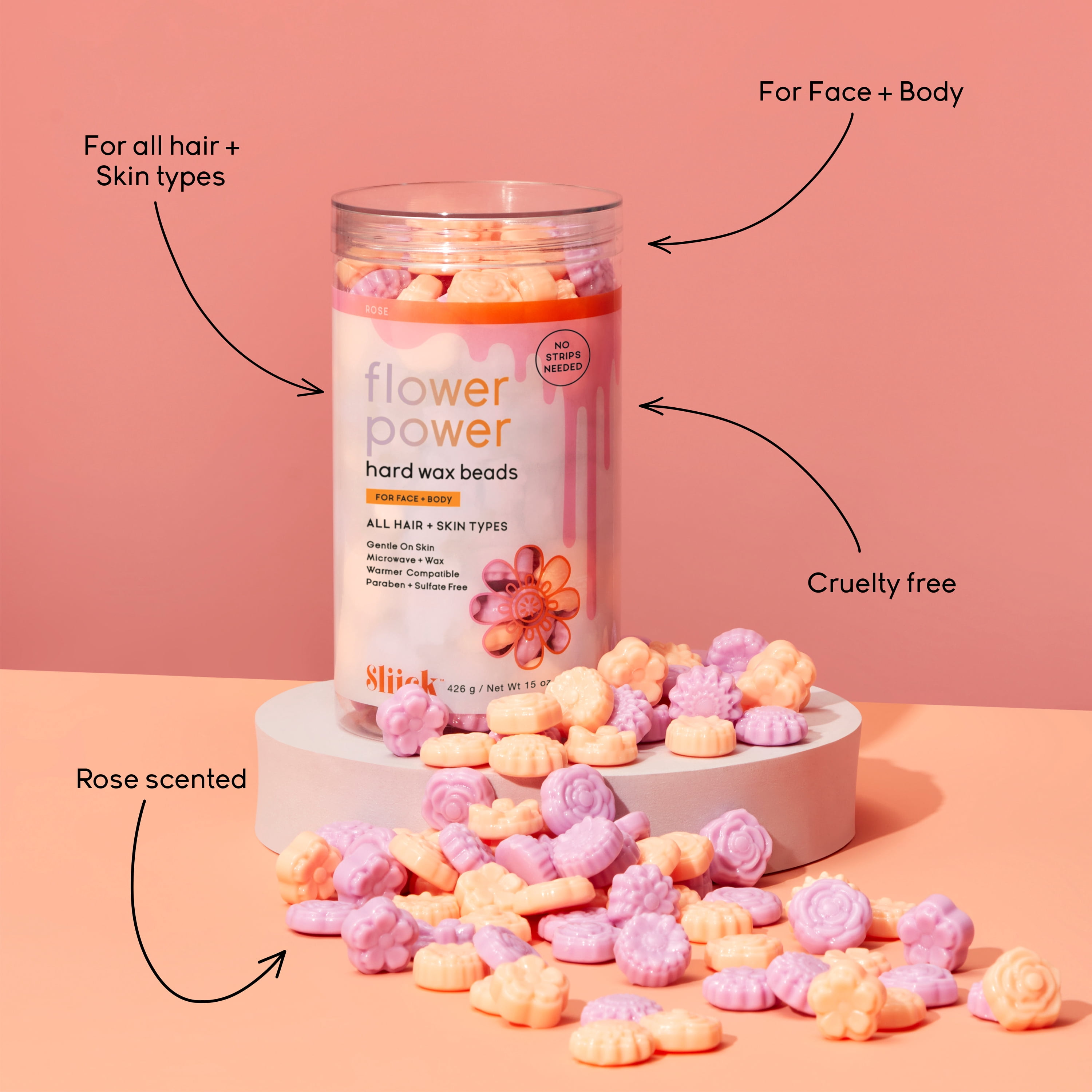 Sliick Flower Power Hard Hair Removal Wax Beads for Face & Body, Rose Scent, 15 oz Jar