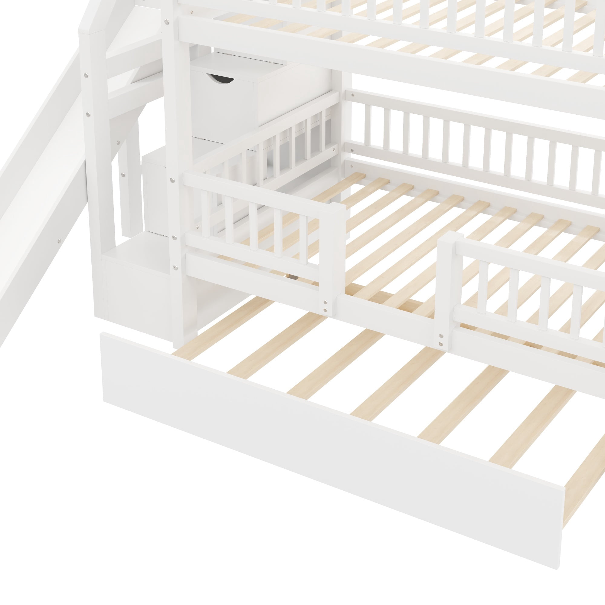 Euroco Wood Twin over Twin Bunk Bed with Trundle, 3 Beds in 1 with Storage Staircase and Slide, No Box Spring Needed, White