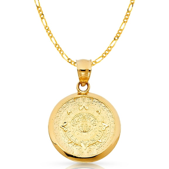 14K Yellow Gold Calendario Azteca Charm Pendant with 3.1mm Figaro 3 1 Chain Necklace