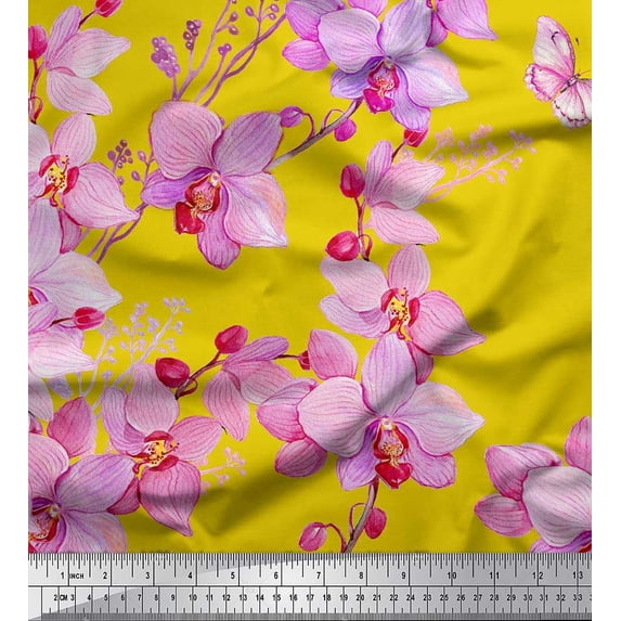 Soimoi Cotton Duck Fabric Bird & Orchids Flower Print Fabric by the Yard 56 Inch Wide