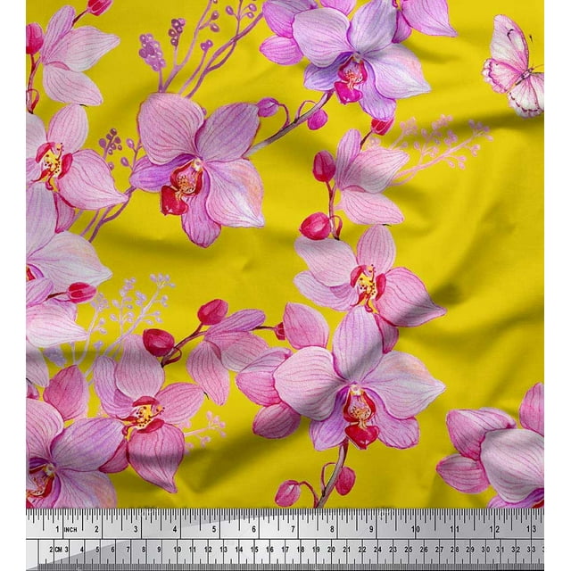 Soimoi Poly Georgette Fabric Bird & Orchids Flower Printed Fabric 1 Yard 52 Inch Wide