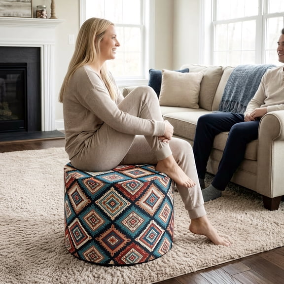 Whifea 20" Bohemian Embroidered Round Ottoman, Memory Foam Footstool for Home Office & Living Room