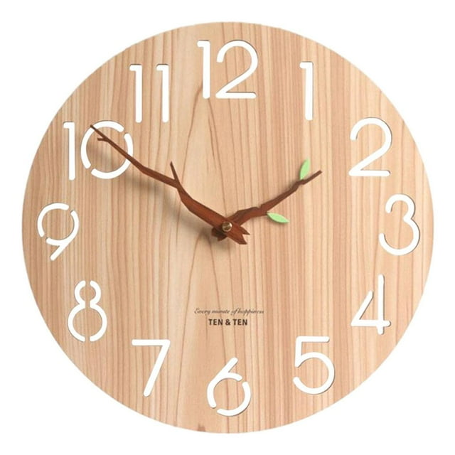 Reloj de pared digital grande de madera, redondo y silencioso, de 12 pulgadas y con pilas. Con hojas