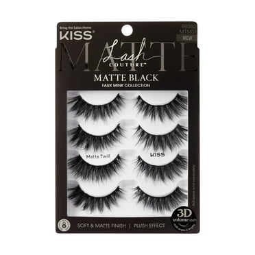 KISS Lash Couture Matte Black Faux Mink False Eyelashes, Strip Lashes, Matte Twill, Black, 4 Pairs