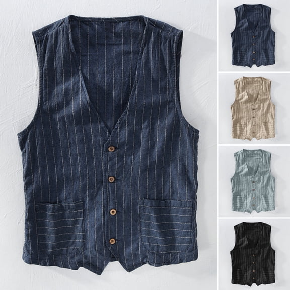 Joernso British Style Men Waistcoat V-neck Collarless Sleeveless Striped Print Vest Coat with Pockets Single Breasted Vest