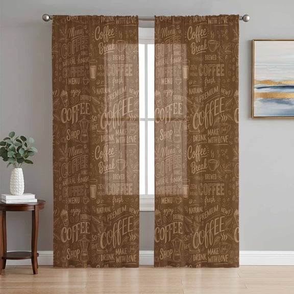Brown Coffee Sheer Curtains 84 Inch Length 2 Panels Set, Farmhouses Vintage Cup Plants Text Art Voile Window Treatment Rod Pocket Curtains Sheers Drapes for Bedroom/Living Room/Kitchen 52"x84"x2