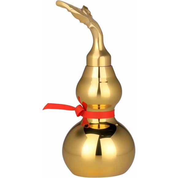 4 Inch Brass Wu Lou Hu Lu Calabash Gourd Chinese Feng Shui Decor, Engraved Bagua Base with Yin Yang, Oriental Good Luck Tabletop Decoration for Home Office Desk