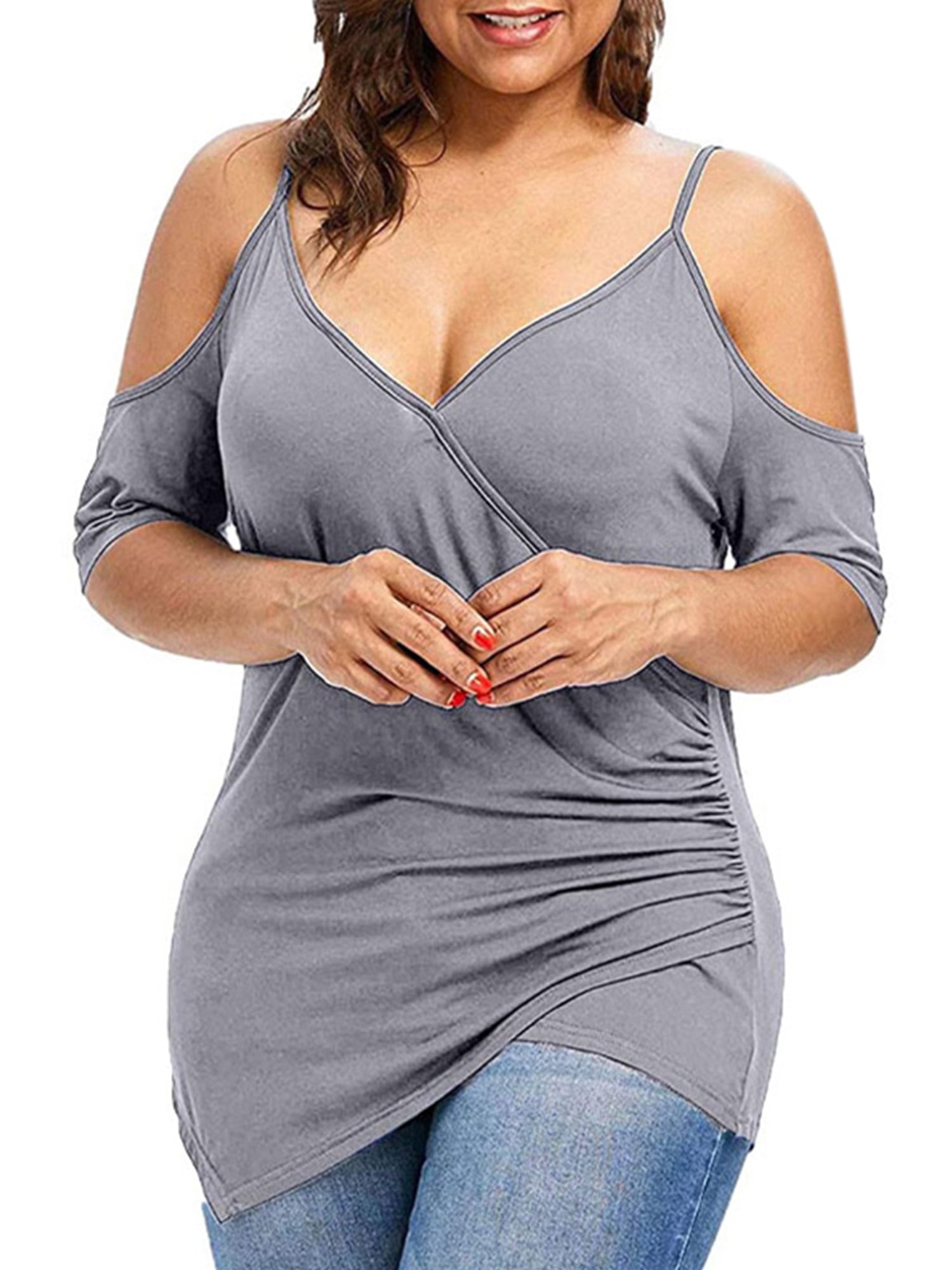 Plus Size Womens Summer Cold Shoulder Top T Shirt Ladies Casual Loose Tee Blouse 