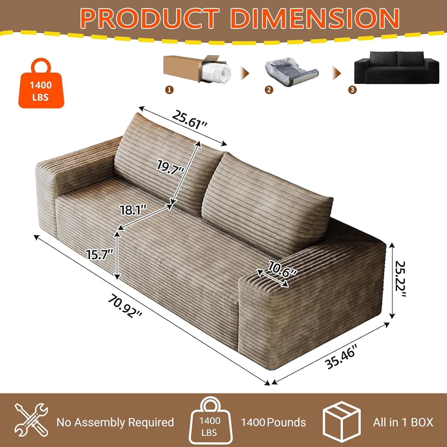 71" Corduroy Loveseat Sofa, 3-Seater Cloud Couch, Boneless Sofa in a Box with Deep Seat Memory Foam, No Assembly Required,Camel