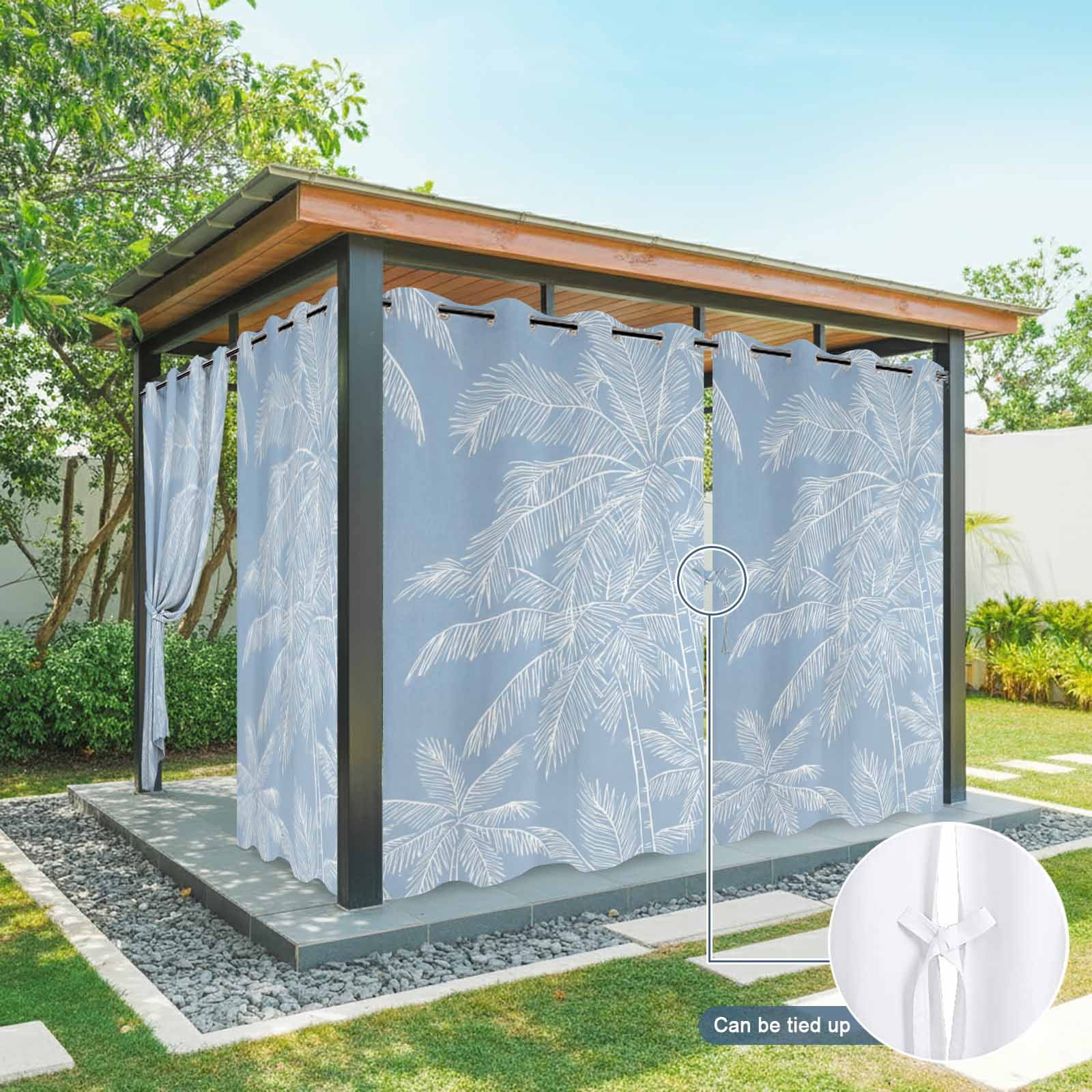 Summer Beach Outdoor Curtains for Patio, Graffiti White Palm Trees Abstract Plant Blue Coastal Sunshade Privacy Drapes Grommet Waterproof Outside Curtains for Porch/Cabana/Balcony 54"x 108", 1 Panel