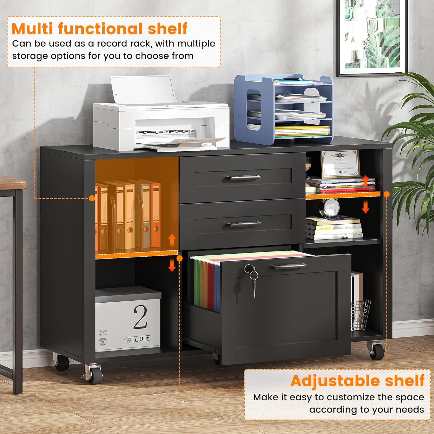 Semoic 3 Drawer Wood Lateral File Cabinet with Lock, Rolling Mobile Filing Cabinet with Open Storage Shelves, Printer Stand Office Storage Cabinet for Home Office Fits Files Legal/A4 Size, Black