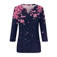 thumbnail image 4 of DENGDENG 3/4 Length Sleeve Tops For Women Petite Floral Shirts V Neck Vintage Blouses Casual Three Quarter Length Sleeve Basic Tee Boho Fall Pullover Navy M, 4 of 5