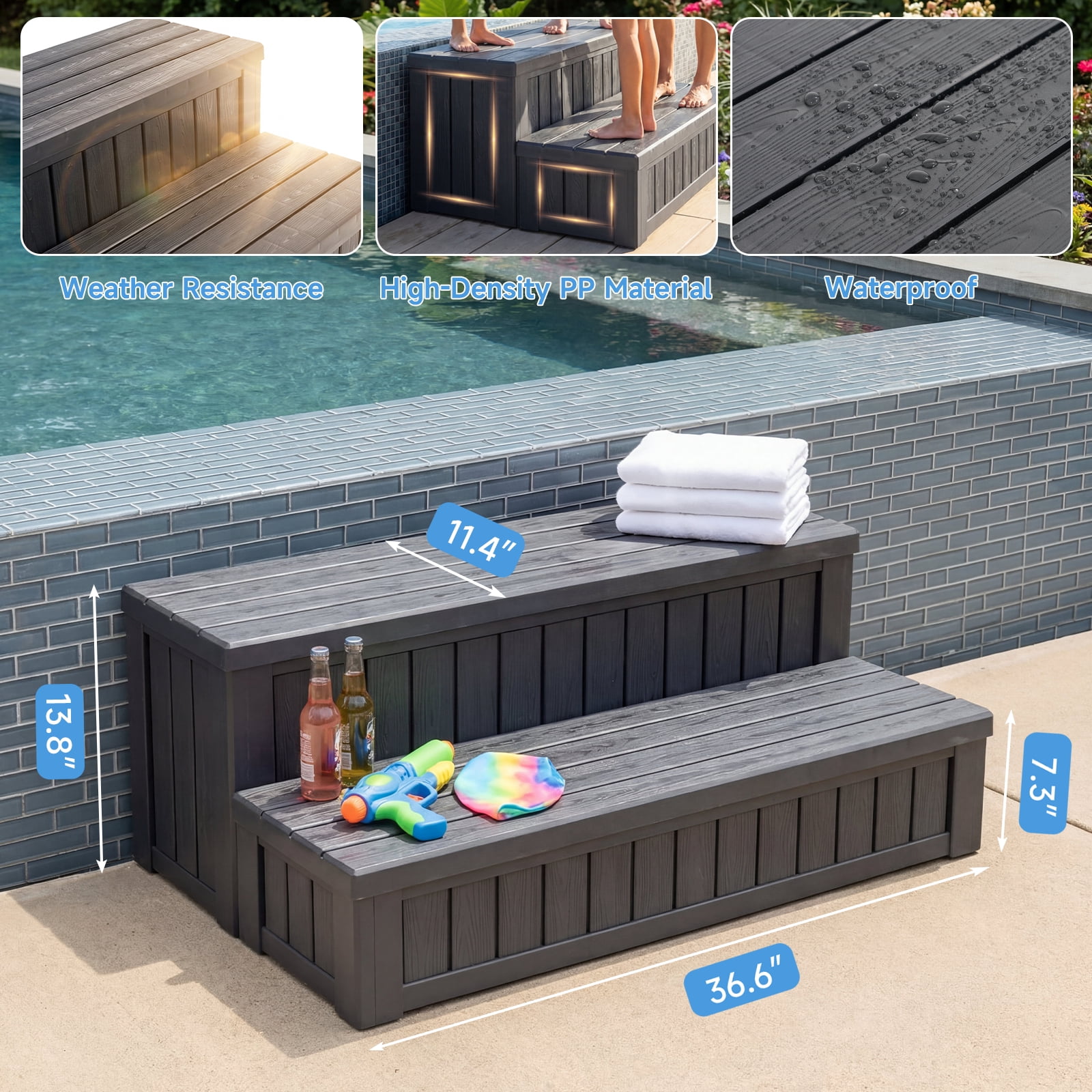 Dovov SPA Hot Tub Steps with Storage, Anti-Slip SPA Steps 36.6" Spa Hot Tub Storage Steps Indoor Outdoor Hot Tub Deck Step Swimming Pool Stairs, 780 lbs Capacity, Black