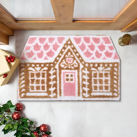 DERONA Festive Gingerbread House Doormat for Christmas Decor - Durable Polyester Indoor Outdoor Rug with Non-Slip Backing,Ideal Entryway Floor Mat for Home Holiday Gift Giving