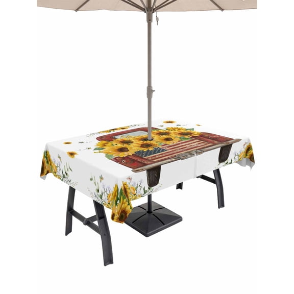 Outdoor Tablecloth with Umbrella Hole and Zipper, Sunflower Truck Rectangle Table Cloth 60x120 Inch Waterproof Tablecloth, Yellow Flowers Summer Botanical Watercolor Picnic Table Cover for Patio
