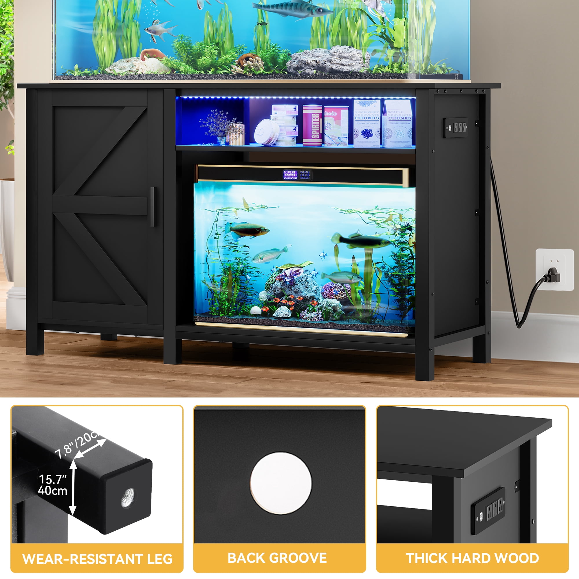Uforic Fish Tank Stand with Electrical Sockets, Cabinet for 55-75 Gallon Aquarium, RGB Lighting Strip Ideal for Turtle Enclosure, Lizard Habitat, Supports up to 900 Pounds, Black