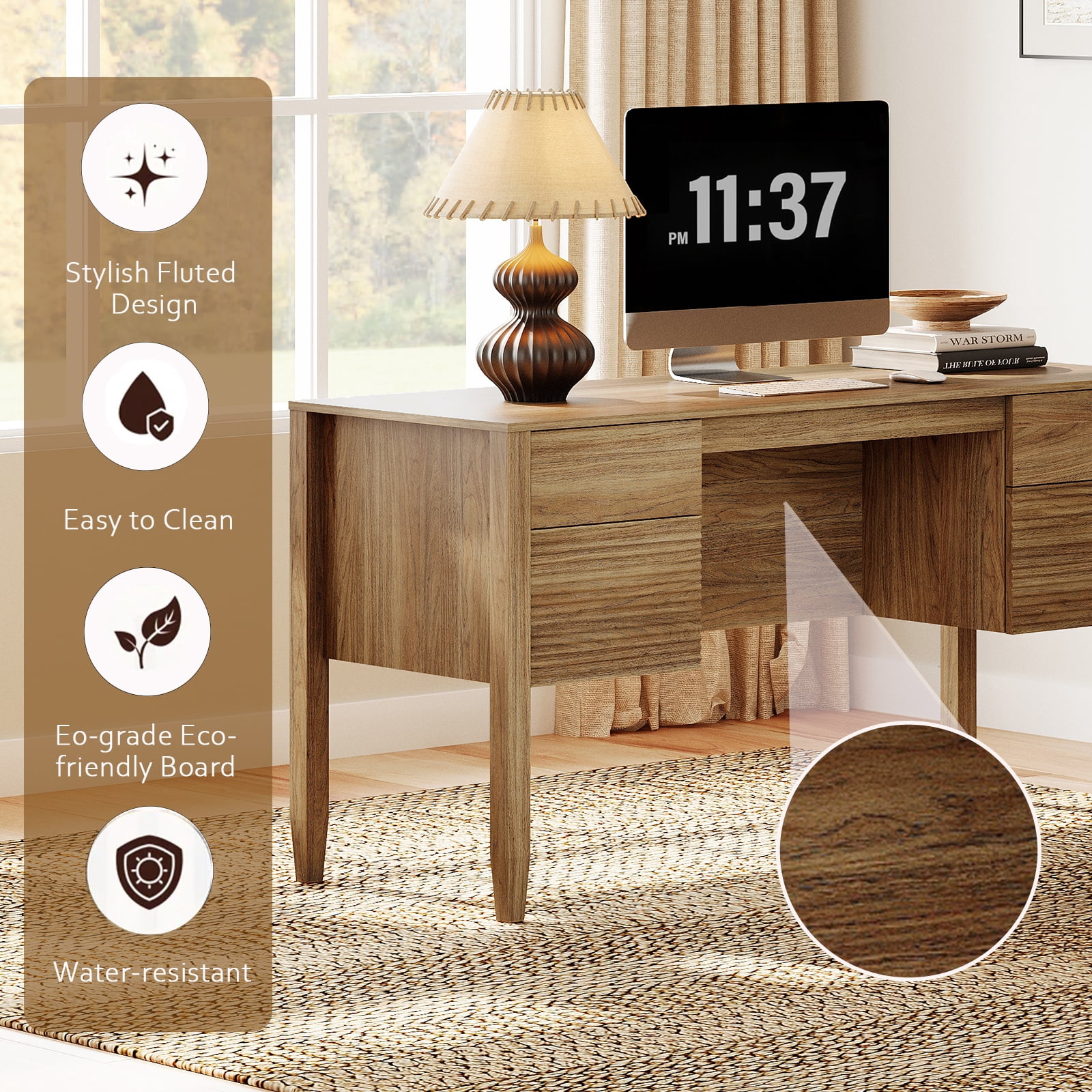 58Inch Fluted Executive Desk with Power Outlet and Doors, Modern Computer Writing Desks with Rear Storage Compartment Design, Home Office Desk with Drawers For Work And Study