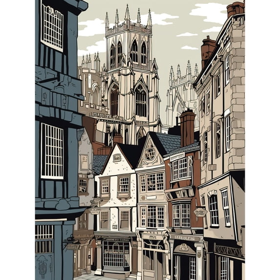 Shambles Street Cityscape with York Minster Towers Large Wall Art Poster Print Thick Paper 18X24 Inch
