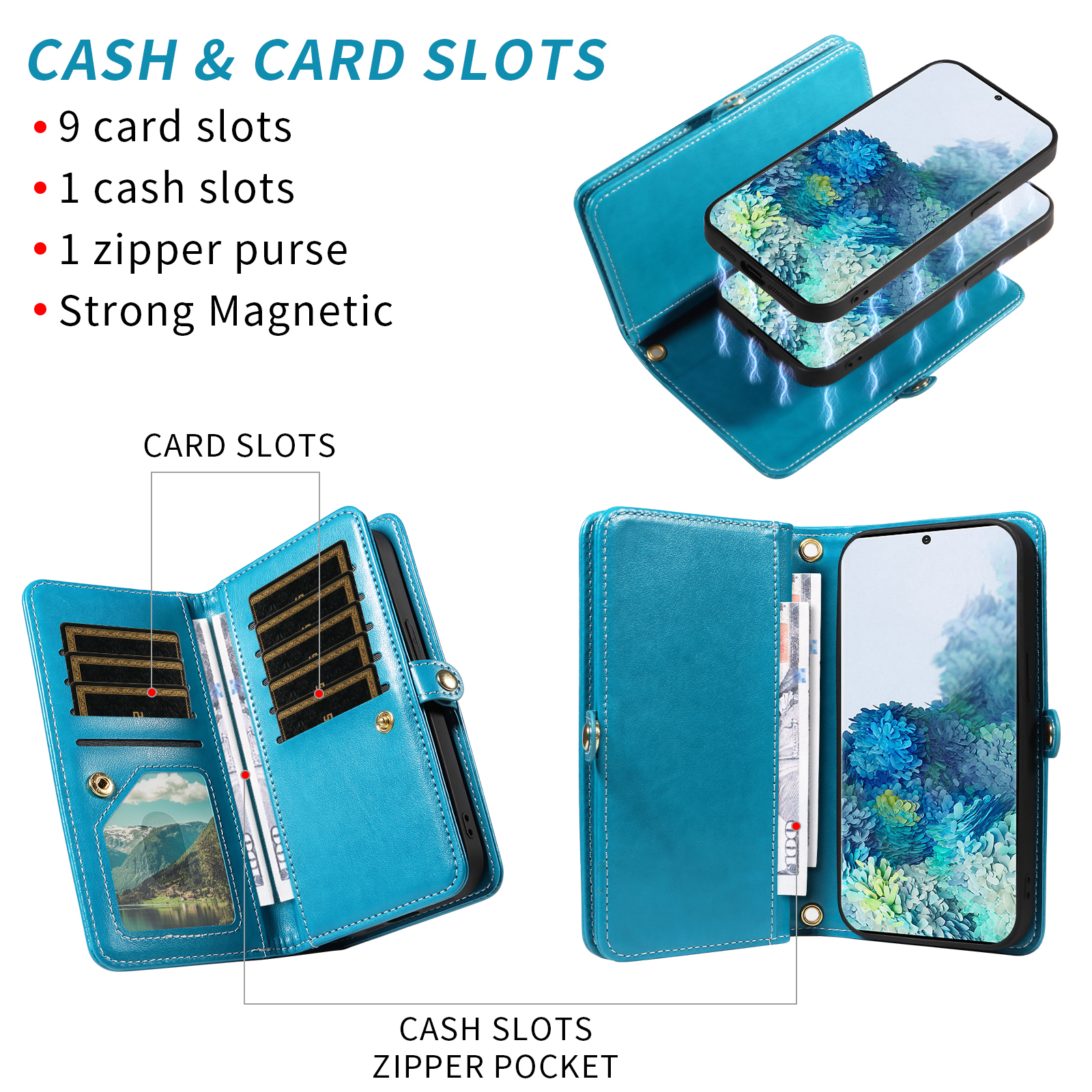 Asuwish Detachable Magnetic Zipper Wallet Phone Case with Flower Pattern and Screen Protector for Samsung Galaxy S20 Plus, Blue