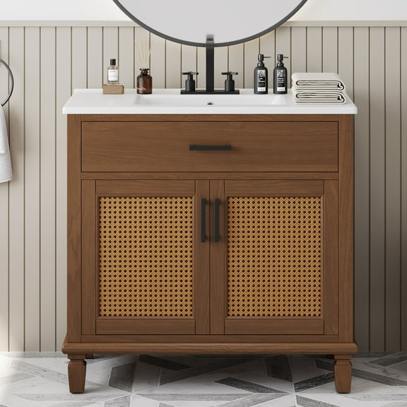 Euroco 36" Bathroom Vanity with Handwoven Rattan Doors, Vitreous Ceramic Sink, Soft-Close Drawers & Solid Fir Wood Legs – Widespread Faucet Compatible