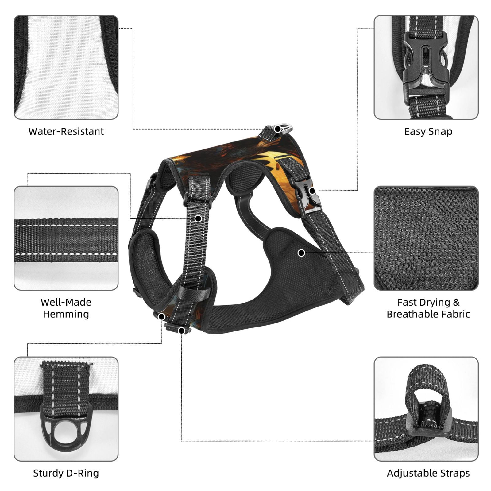 Fuzoiu Cool Black Eagle Print Reflective Dog Harness,Adjustable, Breathable Pet Vest,Dog Harness No Pull,No Choke Pet Vest for Small, Medium, and Large Dogs-Medium