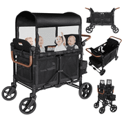 Touheart Wagon Stroller for 4 Kids with Adjustable Canopy, 5-Point Harnesses, Removable Seats, Black