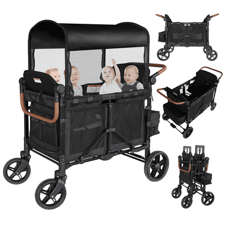 Touheart Wagon Stroller for 4 Kids with Adjustable Canopy, 5-Point Harnesses, Removable Seats, Black