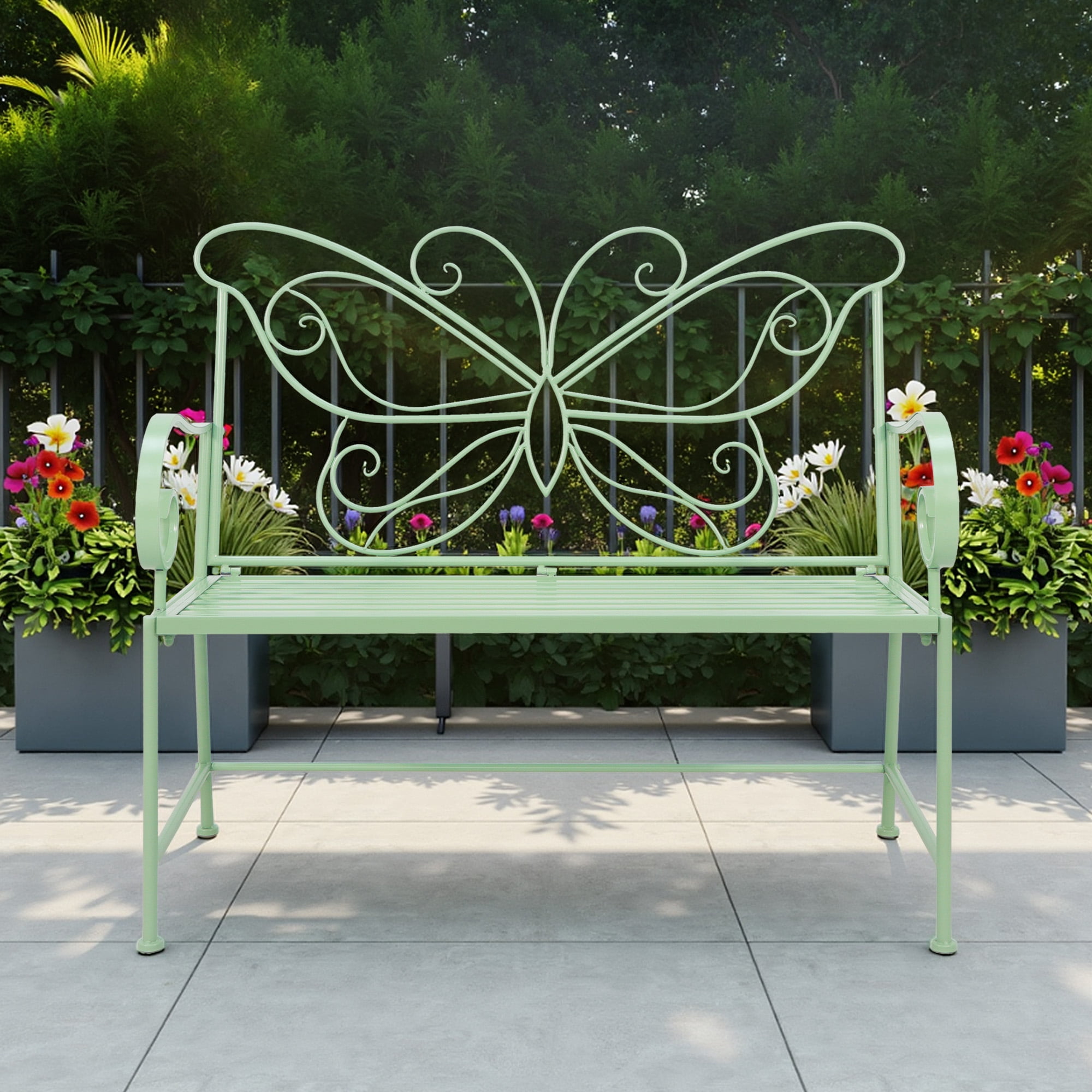 Abble 42" Outdoor Bench Metal Butterfly Design Patio Garden Bench for Porch Yard Lawn Patio Bench,  Green