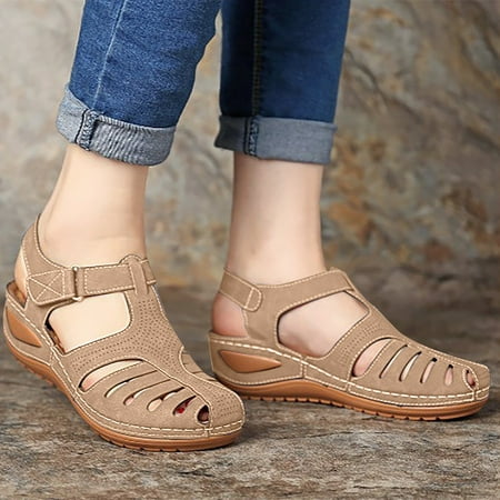 

FAFWYP Women Summer Fashion Casual Sandals Bohemia Gladiator Wedge Flat Slides Solid Color Loophole Comfortable Ankle Strap Outdoor Platform Shoes