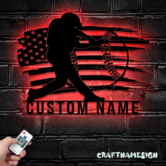 Craftnamesign Custom Baseball US Flag Metal LED Light, Custom American Softball Player Name Sign