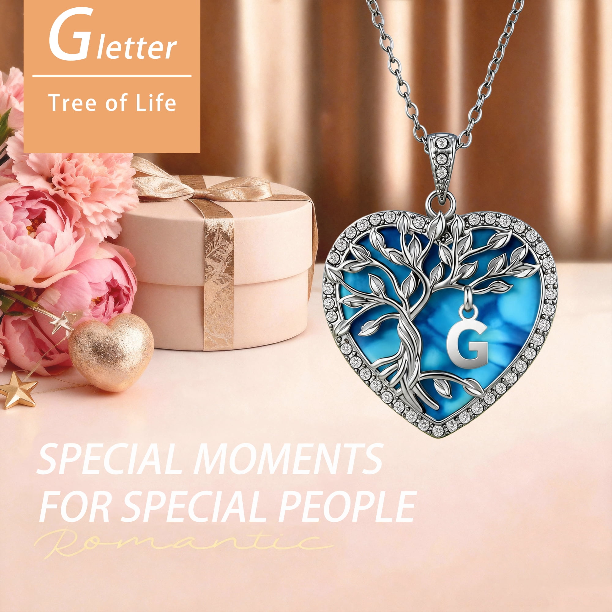 Heshpaws Tree of Life Necklace for Women ，Heart Pendant with Initial Letter , A-Z Alphabet Jewelry for Women, Birthday Anniversary Gift