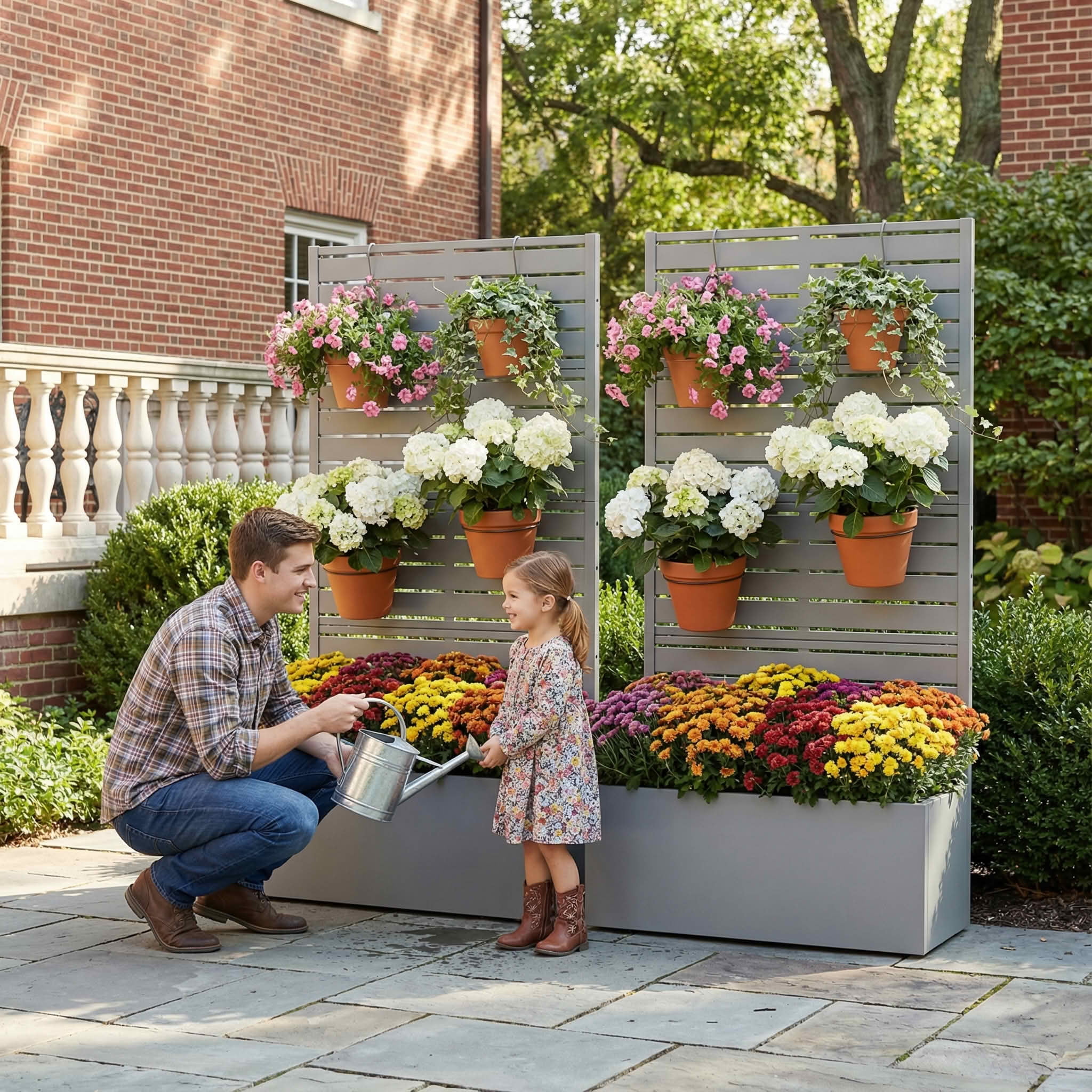 MAYEERTY 59x30 Gray Double-sided Rectangular Iron Planter Box with Trellis, 4 Piece Set Decorative Garden Screen for Patio and Balcony