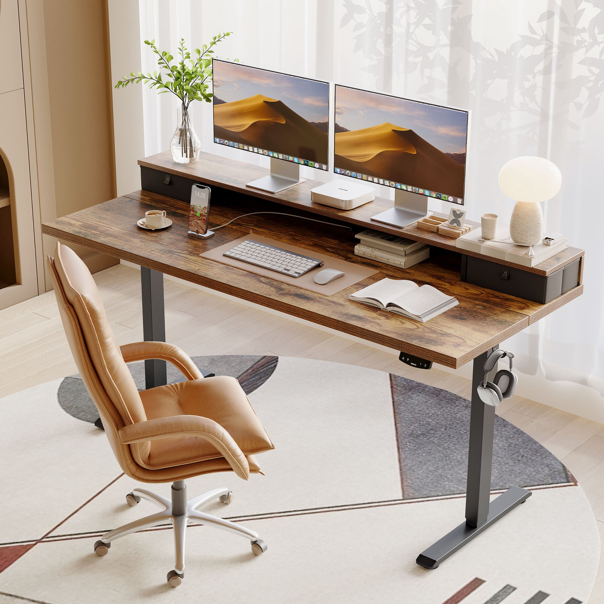 55.1 Inch Electric Standing Desk with 2 Drawers, Height Adjustable Desk with 2 Memory Keys, Ergonomic Sit-Stand Computer Desk with Hooks for Home Office, Rustic Brown