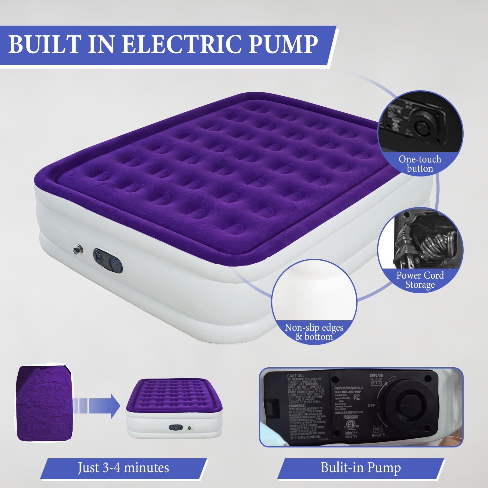 Queen Size Air Mattress with Built in Pump,High Portable 18" Inflatable Mattress,Blow Up Mattress for Travel,Home and Guest(Purple)