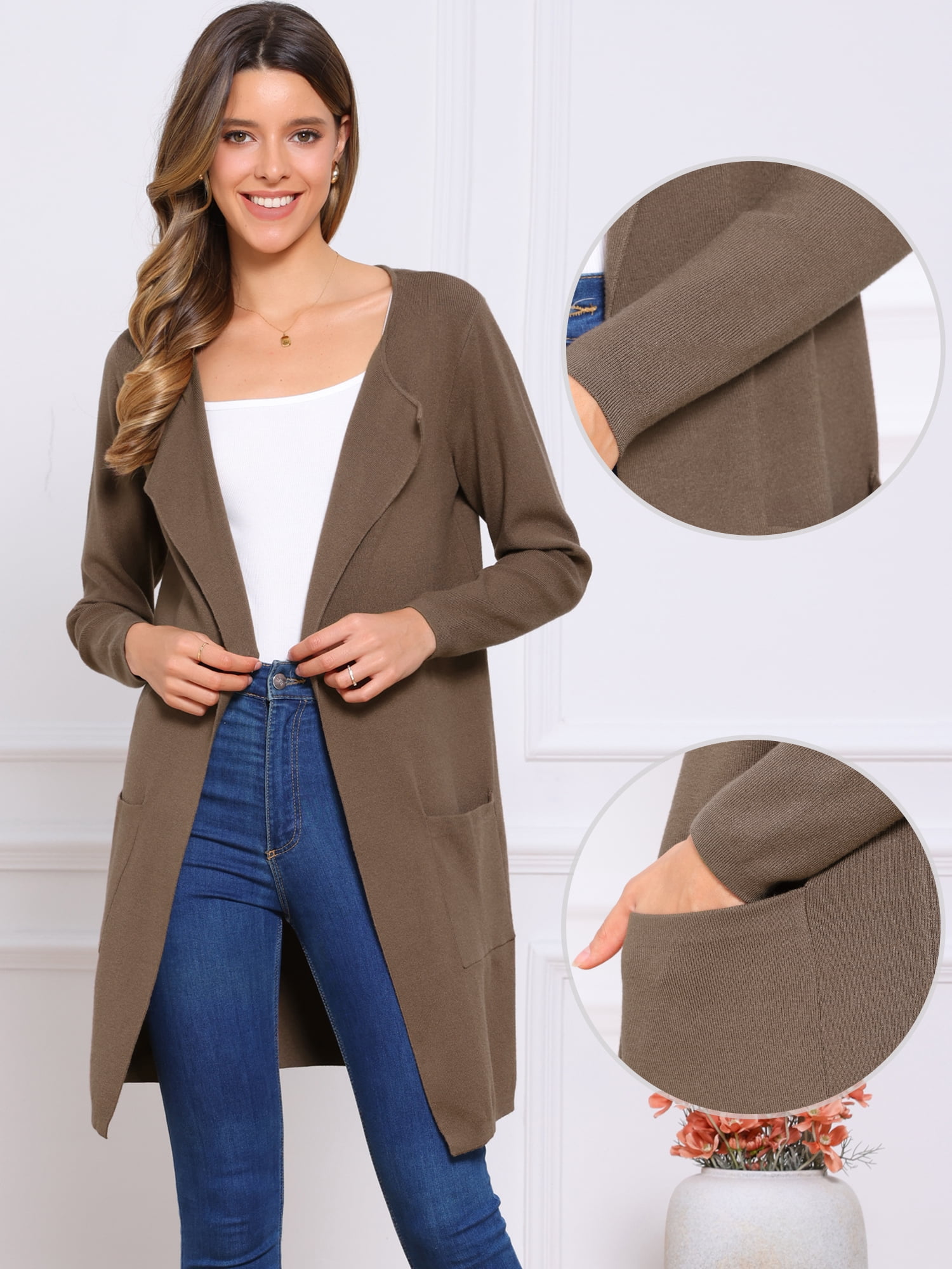 DARING DIVA Women's Spring Open Front Knit Long Cardigan Sweaters XL Coffee