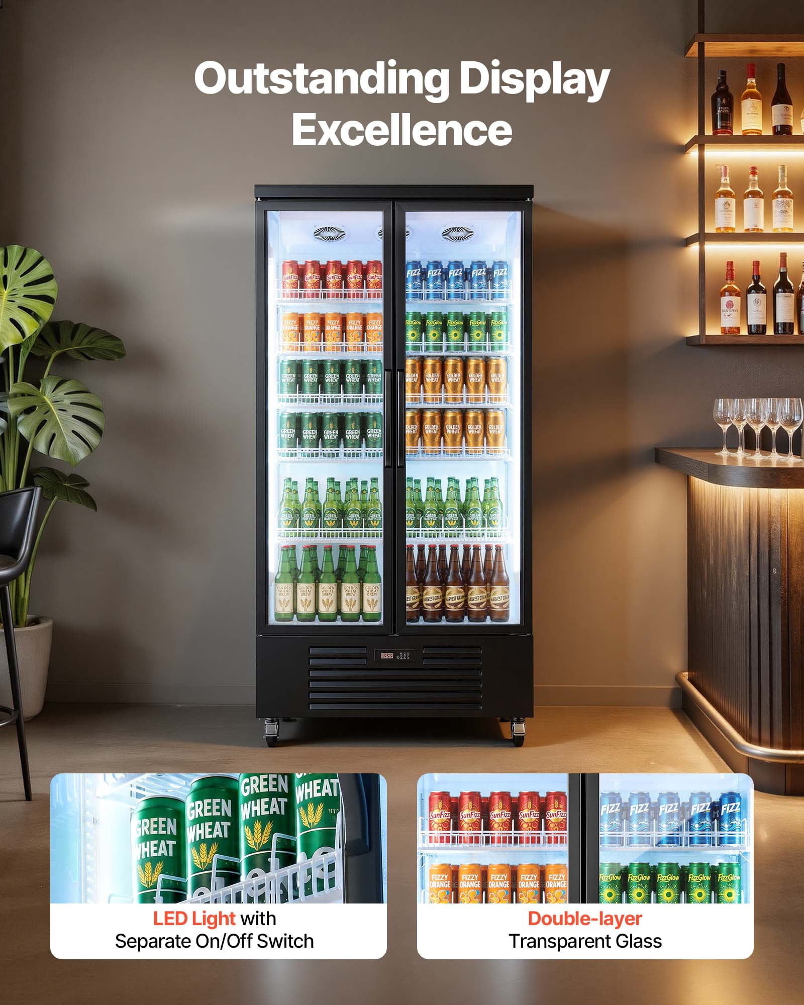 VEVOR Commercial Merchandiser Refrigerator, 24.9 Cu.Ft / 705L Upright Beverage Cooler, 2 Glass Door Display Refrigerator with 5 Adjustable Shelves,Soft LED Light & Casters for Bars Shops Supermarkets