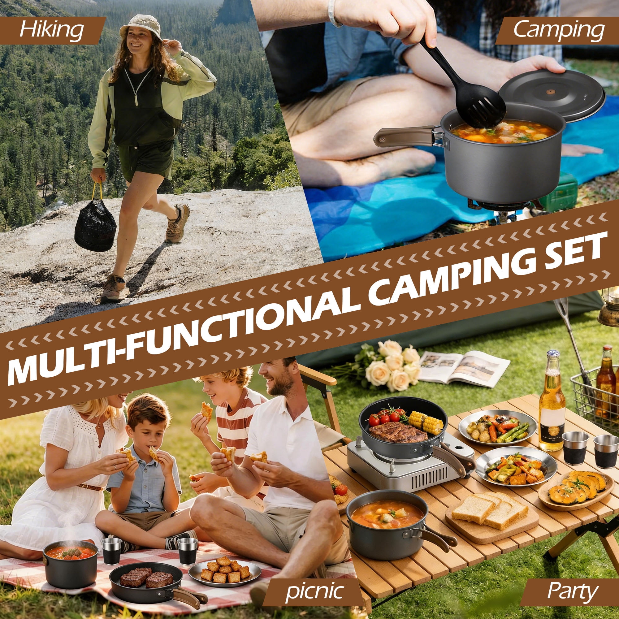 Walchoice 25 Pcs Camping Cookware Mess Kit, Aluminum Pot Pan Kettle Cooking Set for Backpacking Picnic Outdoor, Cookware with Cups Plates Cutleries Kitchenware Mini Grill, Lightweight & Portable
