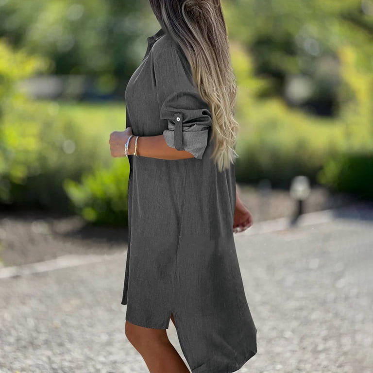 plus size casual dresses juniors OSFVNOXV Denim Dress for Juniors Plus Size Summer Business Casual Vintage  Button Down Shirt Dress with Collar Lightweight Cardigan for Beach Vacation