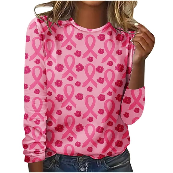IROINNID Pink Breast Cancer Top for Women Breast Cancer Awareness Casual Printed Round Neck Pullover Long Sleeved Top,Pink