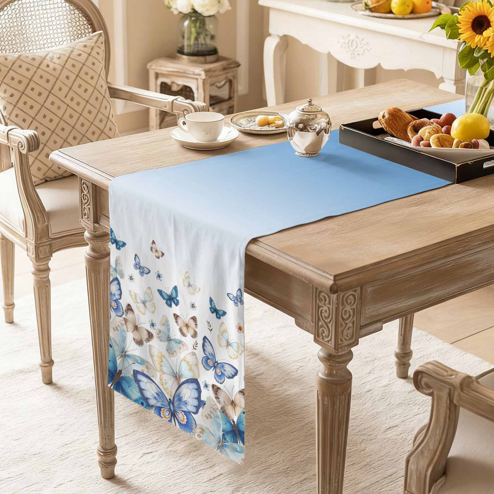 Butterfly Table Runner 13 x 90 Inch, Abstract Blue Gold Animal Blue White Gradient Washable Cotton Linen Dining Table Runner Tabletop Decorations for Restaurant Home Kitchen Party