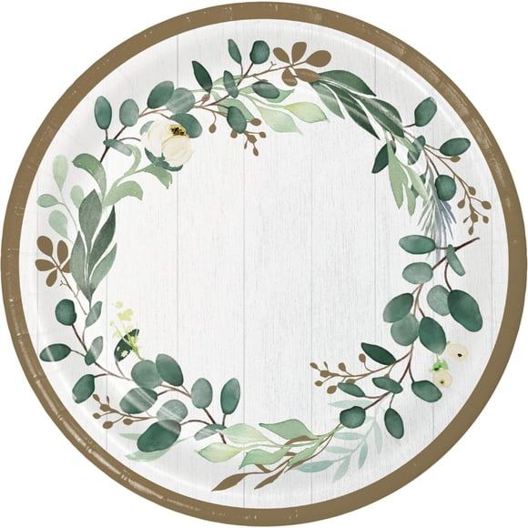 Club Pack of 96 Green and White Disposable Eucalyptus Round Paper Banquet Plates 10"
