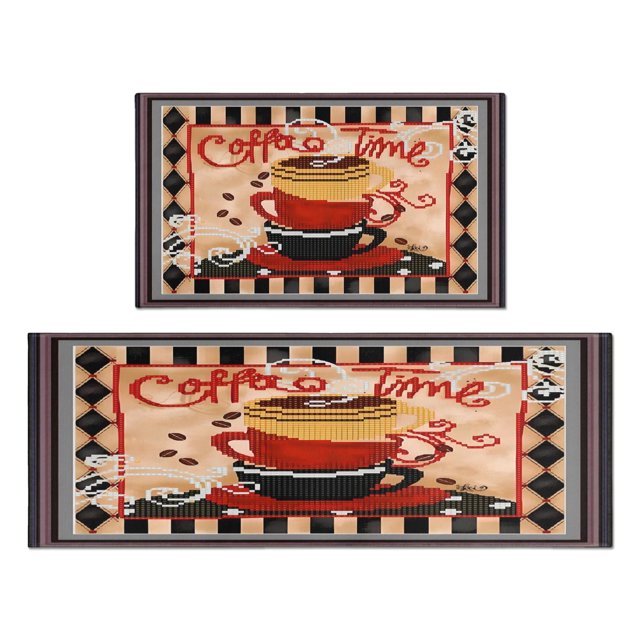 Tapis de Cuisine à Carreaux Style Ferme Café Ensemble de 2, Tapis de Cuisine Résistants aux Sales, Lavables, Imperméables, Tapis de Cuisine 17.7x24+17.7x48 Pouces