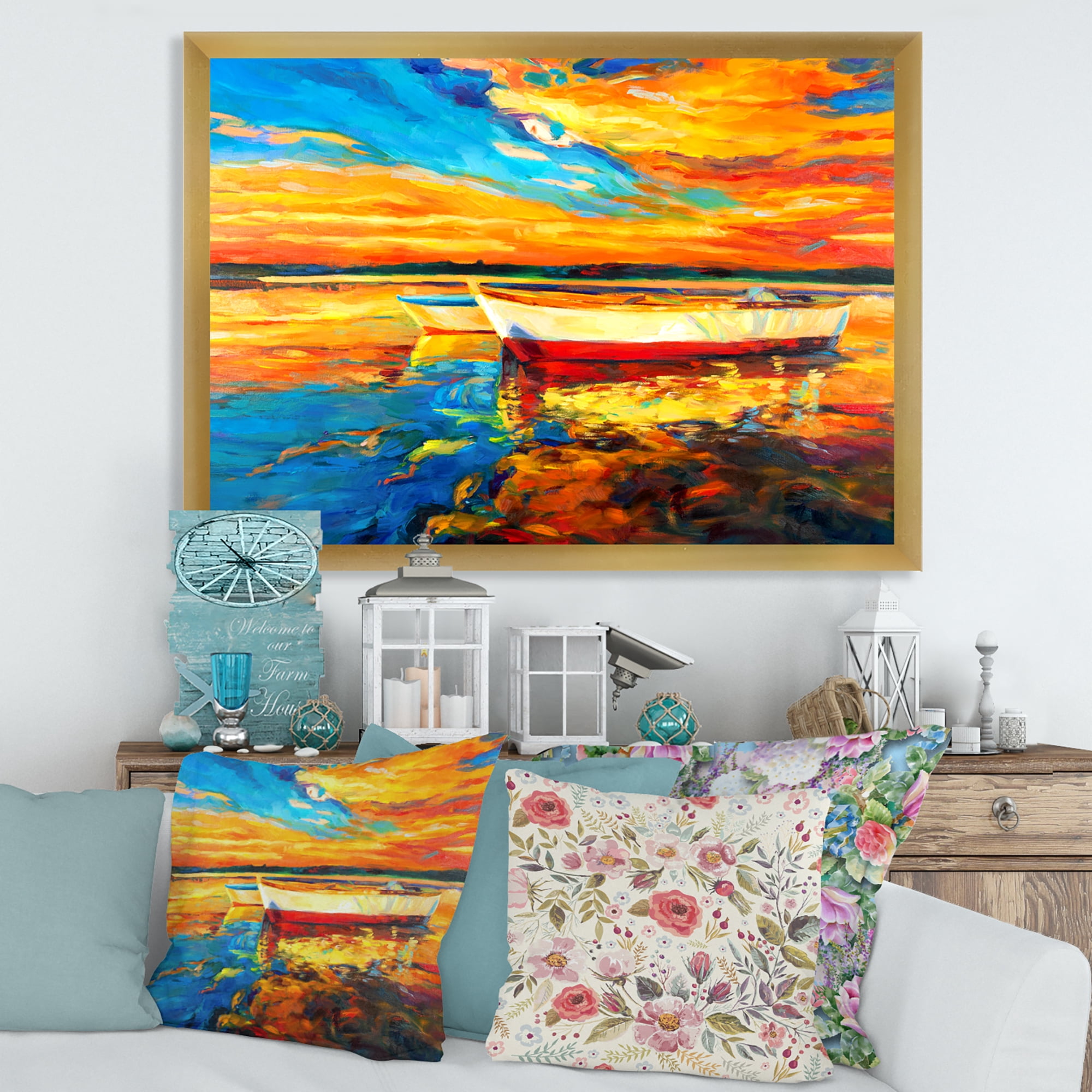 Designart 'Red and White Boats By The Pier At A VIbrant Sunset' Nautical & Coastal Framed Art Print