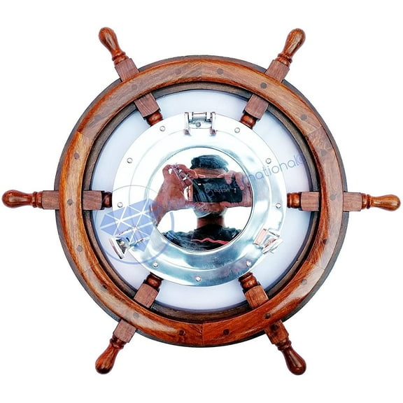 Nagina International Natural Wood Deluxe Nautical Ship Wheel with Aluminum Polished Mirror | Maritime Home Decor Gift (48 Inches)