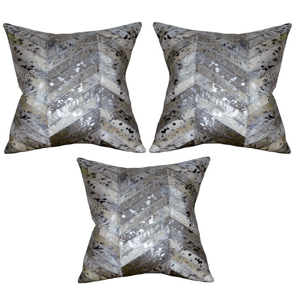 Hilason Set Of 3 Cowhide Leather Hair-On Patchwork Cushion Pillow Cover 16 X 16