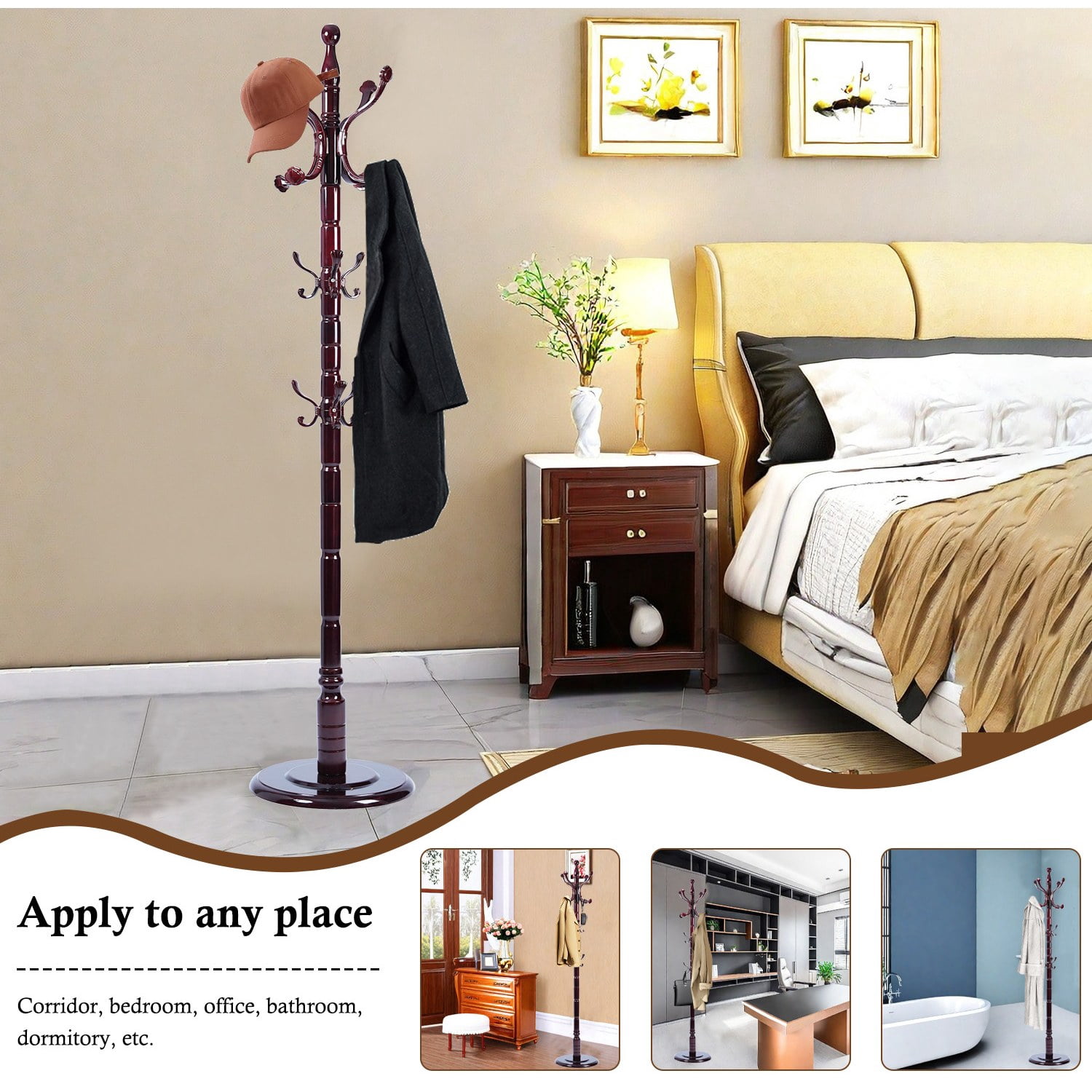 Freestanding Wooden Coat Rack, Natural Birch Wood Coat Tree with 14 Hooks, Sturdy Hall Tree for Entryway & Office