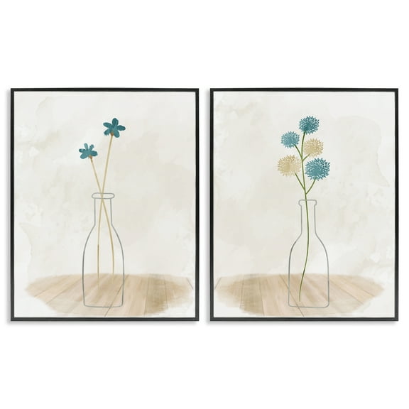 Stupell Industries Simple Flower Sprigs Clear Vase Plants & Flowers Painting Black Framed Art Print Wall Art, 11 x 14, Set of 2