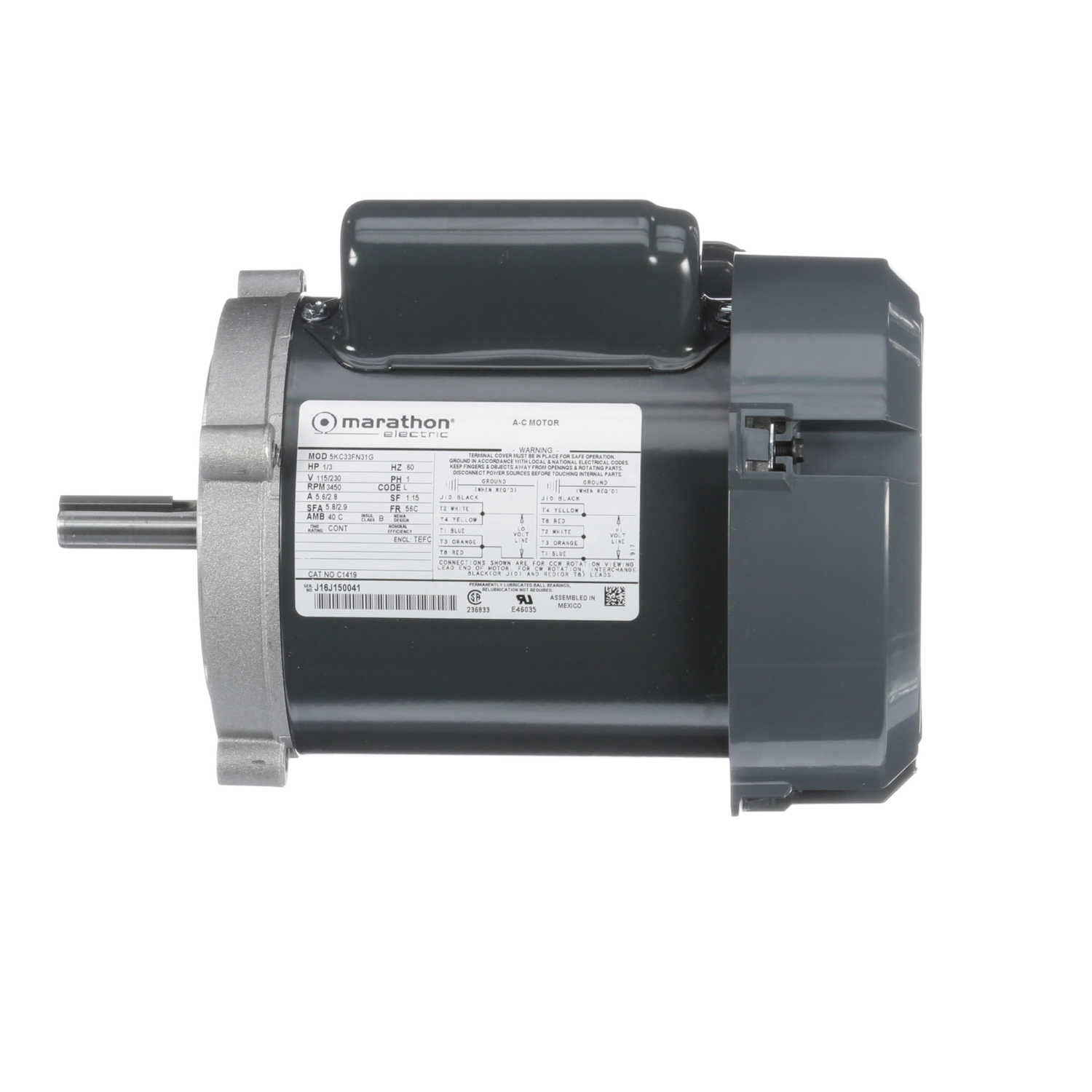 Marathon C1419 Electric Motor 1/3 HP 3600 Rpm 1PH 115/230 Volt 56C 5KC33FN31G